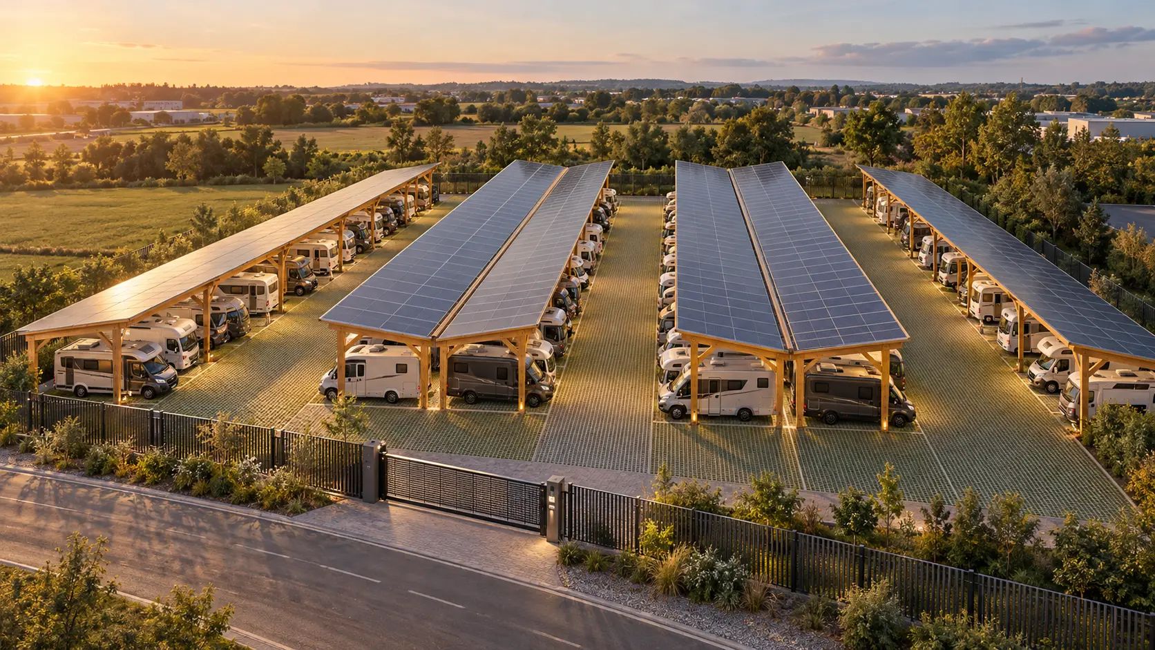 Reisemobilhof mit Solar-Carports für Wohnmobile im Abendlicht